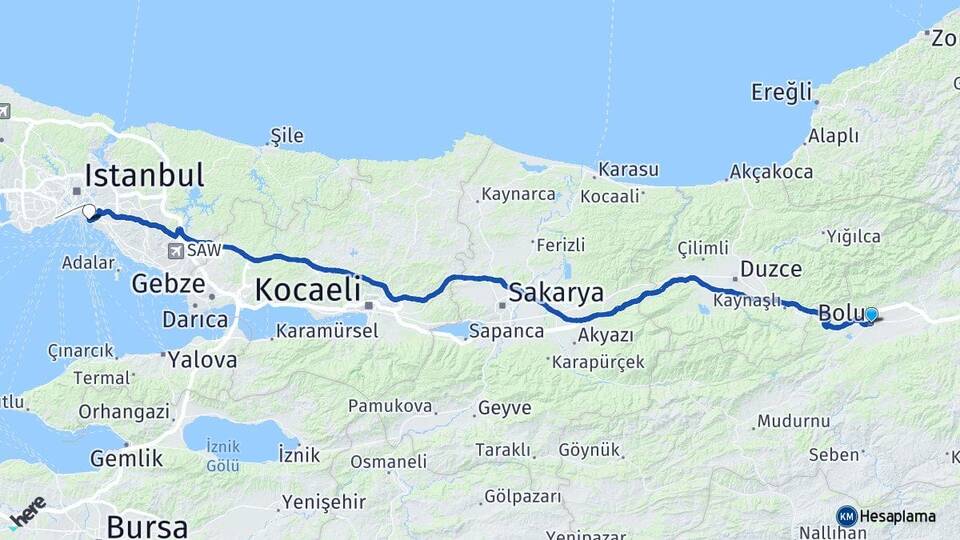 Bolu Kadıköy İstanbul Arası Kaç Km - Yol Haritası