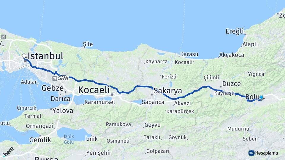 Bolu Kağıthane İstanbul Arası Kaç Km - Yol Haritası