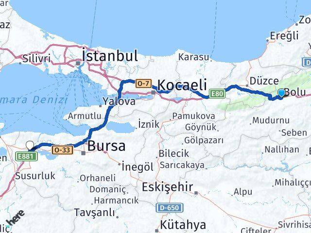 Bolu Karacabey Bursa Arası Kaç Km - Yol Haritası