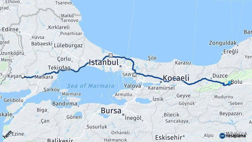 Bolu Keşan Edirne Arası Kaç Km - Yol Haritası