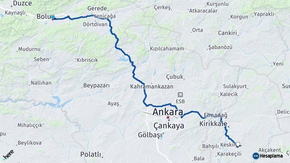 Bolu Keskin Kırıkkale Arası Kaç Km - Yol Haritası