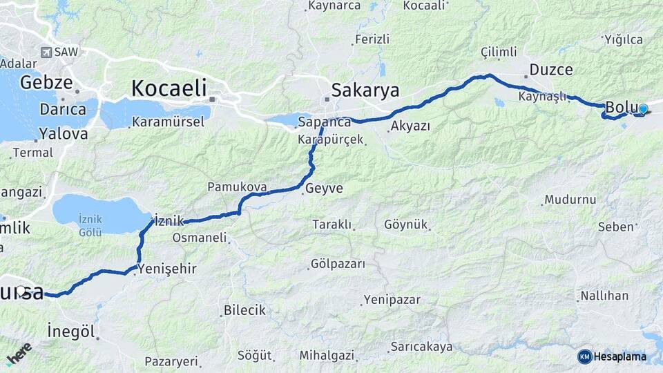 Bolu Kestel Bursa Arası Kaç Km - Yol Haritası
