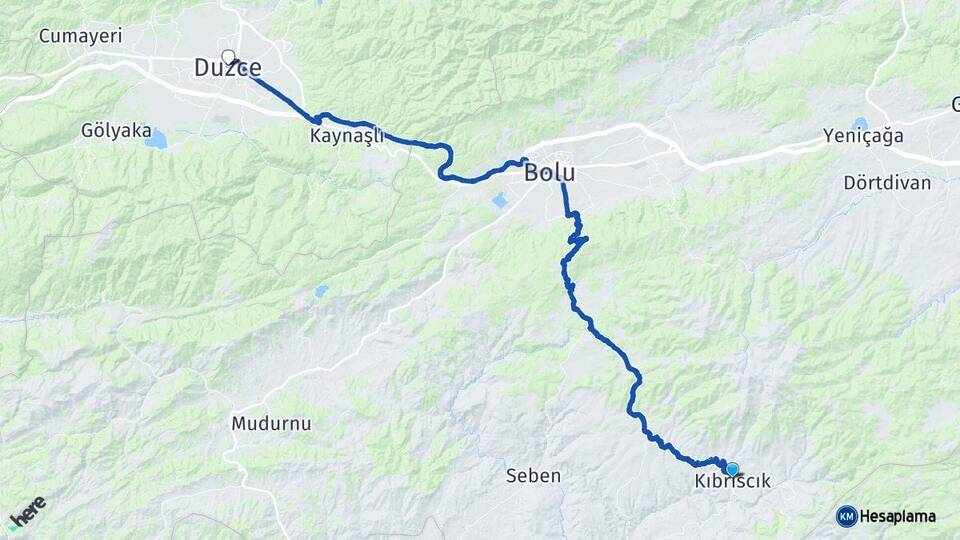 Bolu Kıbrıscık Düzce Arası Kaç Km - Yol Haritası