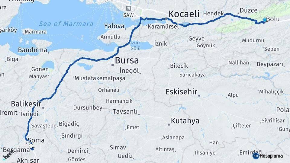 Bolu Kırkağaç Manisa Arası Kaç Km - Yol Haritası