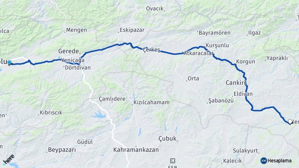 Bolu Kızılırmak Çankırı Arası Kaç Km - Yol Haritası