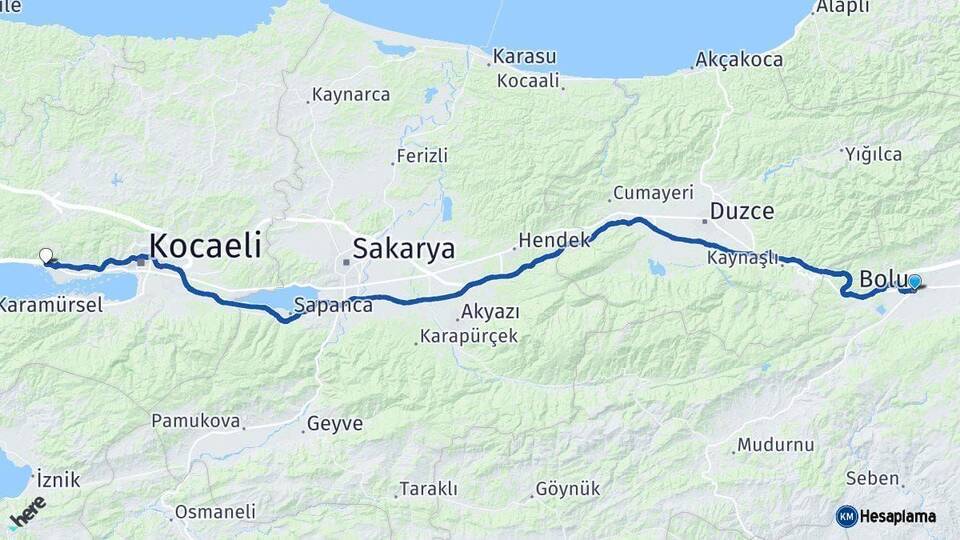 Bolu Körfez Kocaeli Arası Kaç Km - Yol Haritası