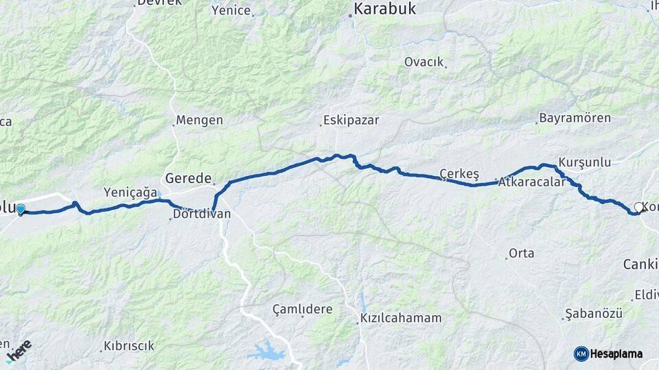 Bolu Korgun Çankırı Arası Kaç Km - Yol Haritası