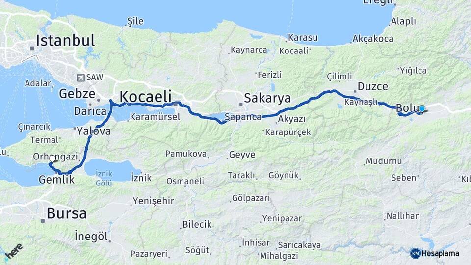 Bolu Küçükkumla Gemlik Bursa Arası Kaç Km - Yol Haritası