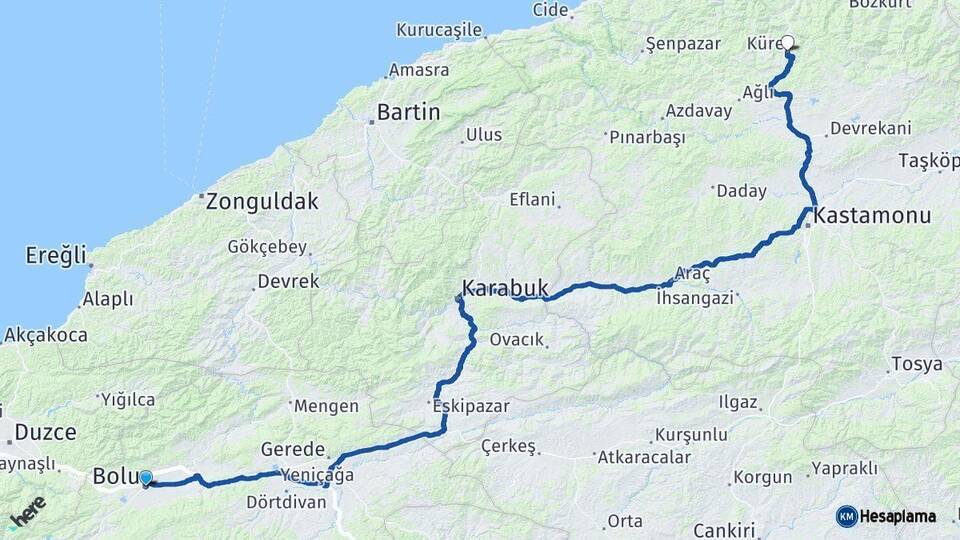 Bolu Küre Kastamonu Arası Kaç Km - Yol Haritası