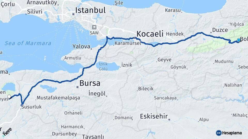 Bolu Manyas Balıkesir Arası Kaç Km - Yol Haritası