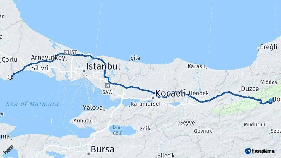 Bolu Marmaraereğlisi Tekirdağ Arası Kaç Km - Yol Haritası