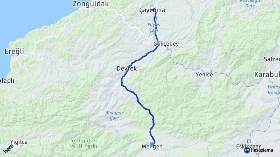 Bolu Mengen Çaycuma Zonguldak Arası Kaç Km - Yol Haritası