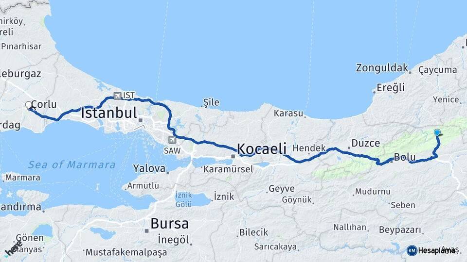 Bolu Mengen Çorlu Tekirdağ Arası Kaç Km - Yol Haritası