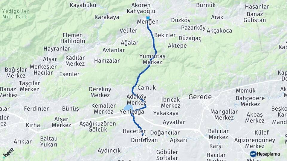 Bolu Mengen Dörtdivan Arası Kaç Km - Yol Haritası