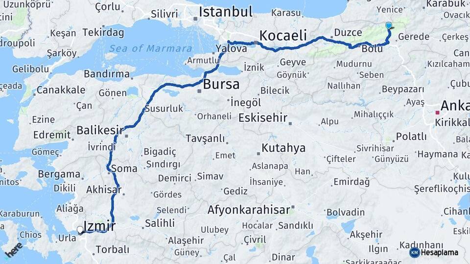Bolu Mengen İzmir Arası Kaç Km - Yol Haritası