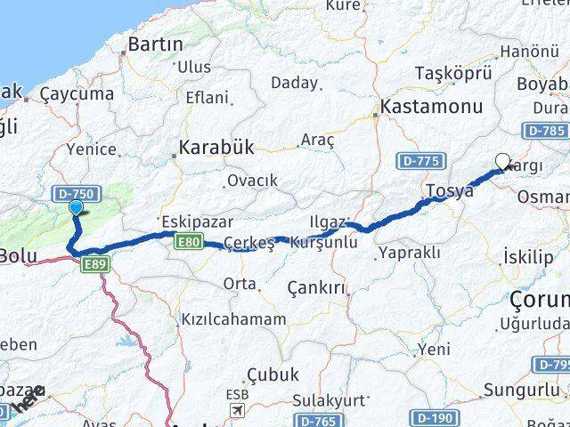 Bolu Mengen Kargı Çorum Arası Kaç Km - Yol Haritası