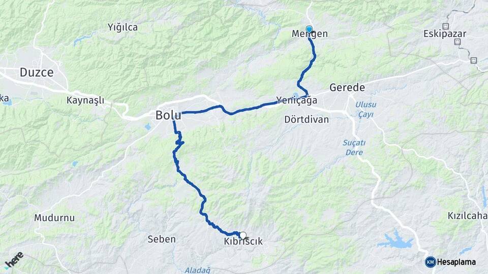 Bolu Mengen Kıbrıscık Arası Kaç Km - Yol Haritası