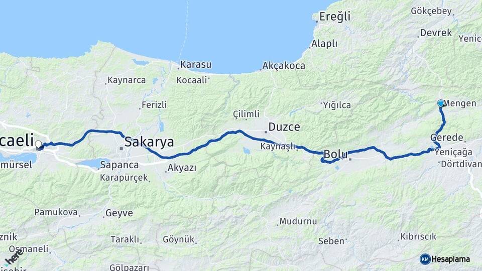 Bolu Mengen Kocaeli Arası Kaç Km - Yol Haritası