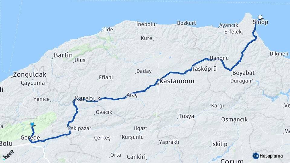 Bolu Mengen Sinop Arası Kaç Km - Yol Haritası