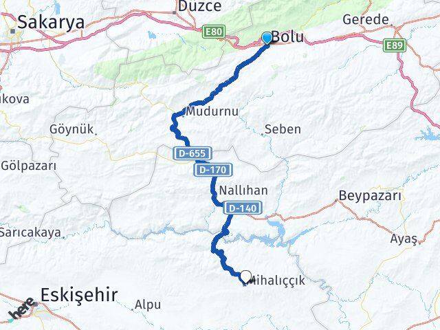 Bolu Mihalıççık Eskişehir Arası Kaç Km - Yol Haritası