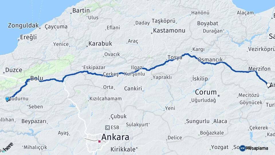 Bolu Mudurnu Amasya Arası Kaç Km - Yol Haritası