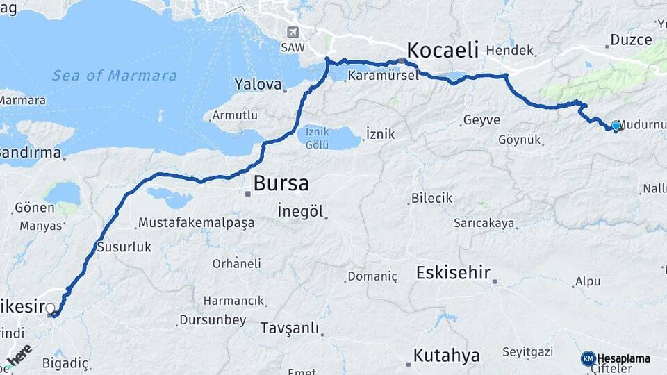 Bolu Mudurnu Balıkesir Arası Kaç Km - Yol Haritası