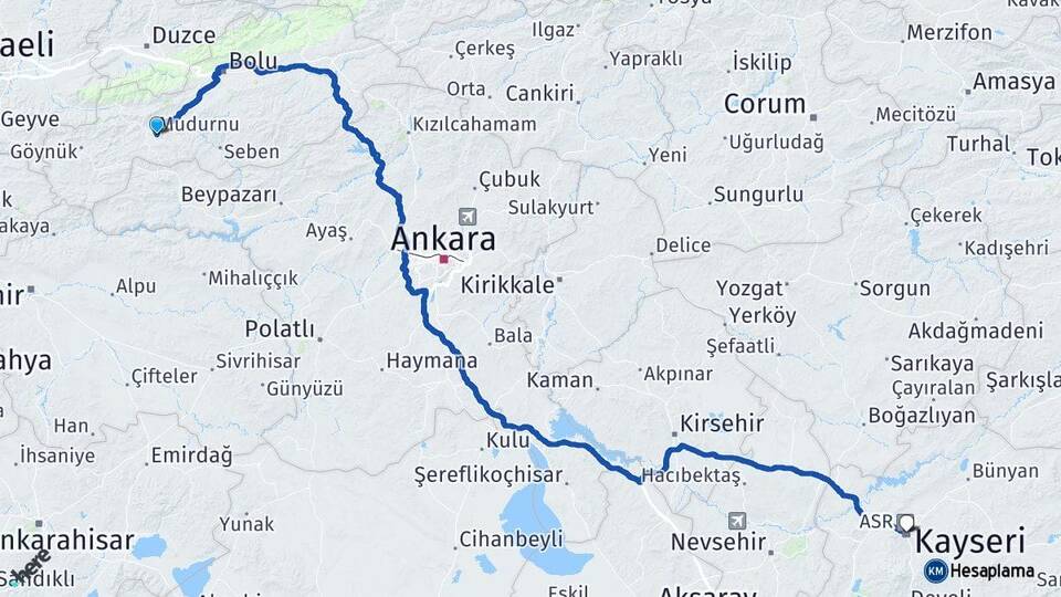 Bolu Mudurnu Kayseri Arası Kaç Km - Yol Haritası