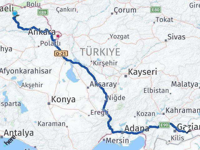 Bolu Mudurnu Nizip Gaziantep Arası Kaç Km - Yol Haritası