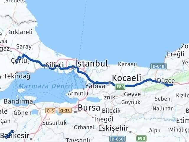 Bolu Muratlı Tekirdağ Arası Kaç Km - Yol Haritası