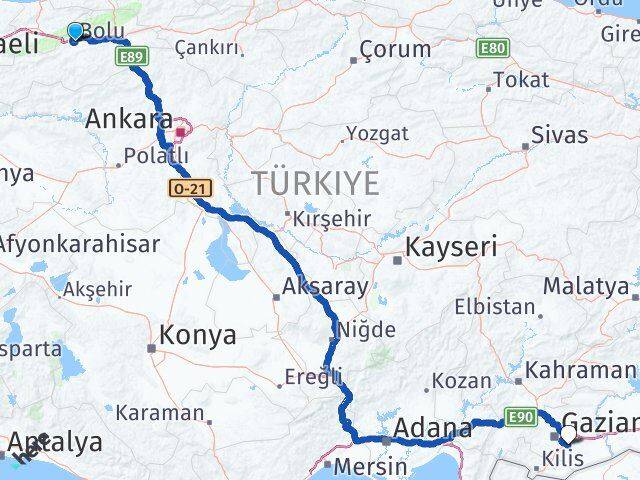 Bolu Oğuzeli Gaziantep Arası Kaç Km - Yol Haritası
