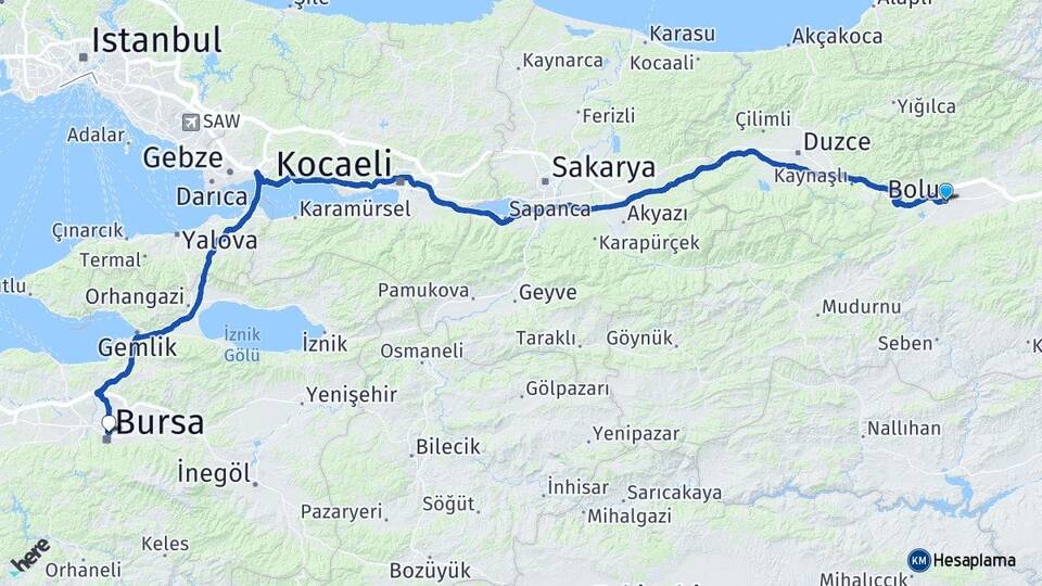 Bolu Osmangazi Bursa Arası Kaç Km - Yol Haritası