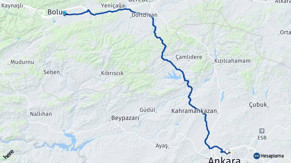 Bolu Ostim OSB Yenimahalle Ankara Arası Kaç Km - Yol Haritası