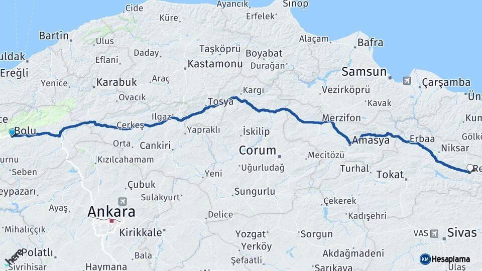Bolu Reşadiye Tokat Arası Kaç Km - Yol Haritası