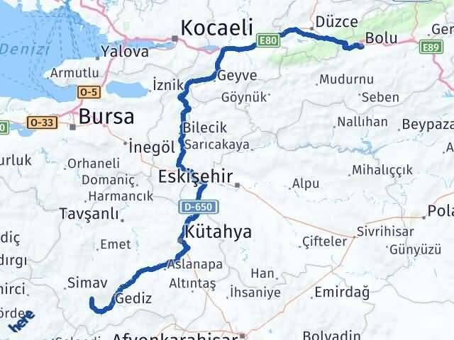 Bolu Şaphane Kütahya Arası Kaç Km - Yol Haritası