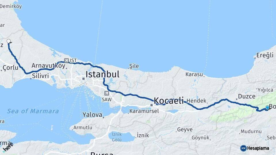 Bolu Saray Tekirdağ Arası Kaç Km - Yol Haritası