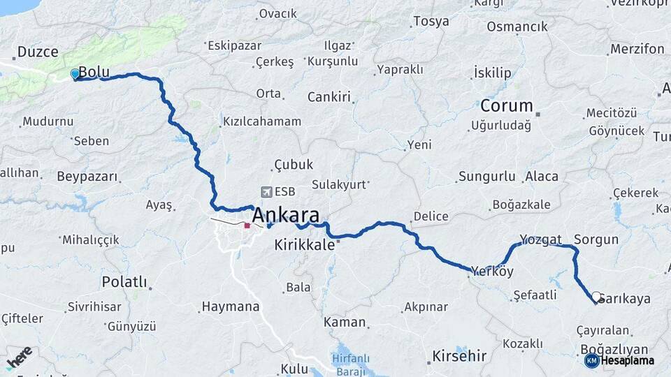 Bolu Sarıkaya Yozgat Arası Kaç Km - Yol Haritası