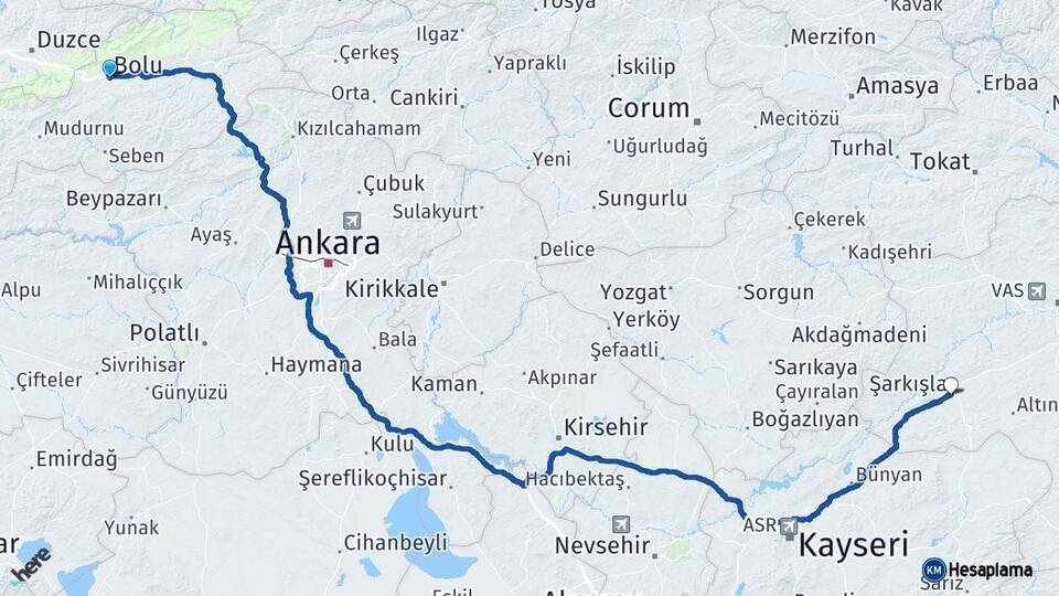 Bolu Şarkışla Sivas Arası Kaç Km - Yol Haritası