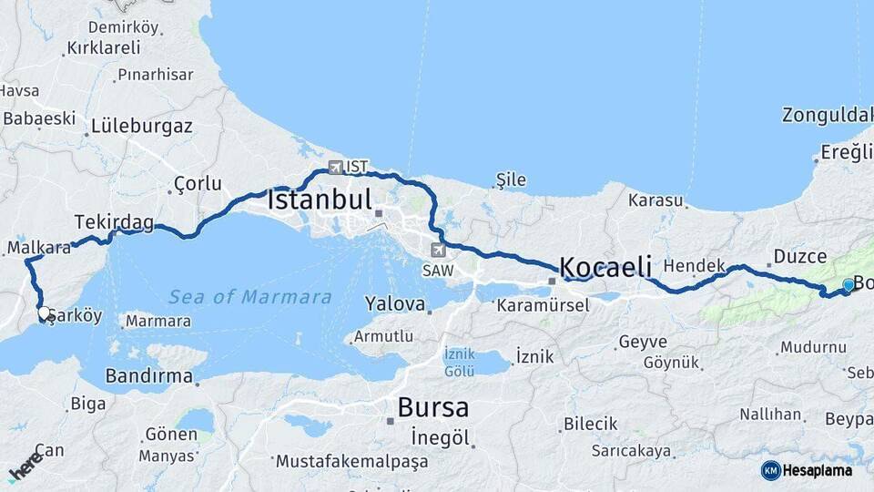 Bolu Şarköy Tekirdağ Arası Kaç Km - Yol Haritası