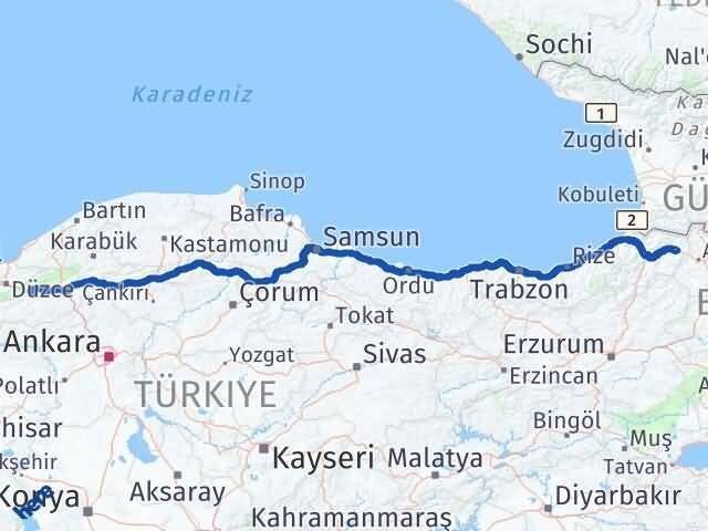 Bolu Şavşat Artvin Arası Kaç Km - Yol Haritası