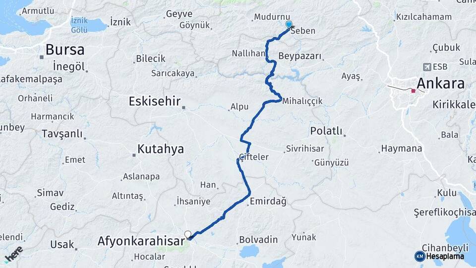 Bolu Seben Afyonkarahisar Arası Kaç Km - Yol Haritası