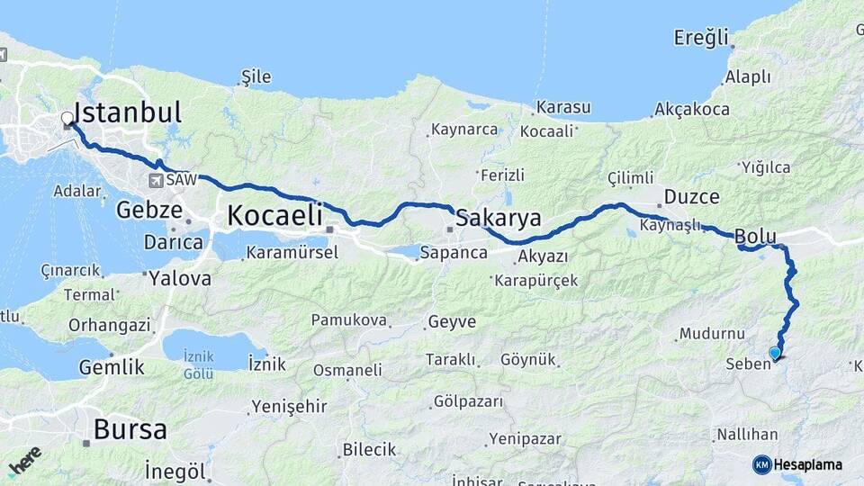 Bolu Seben İstanbul Arası Kaç Km - Yol Haritası