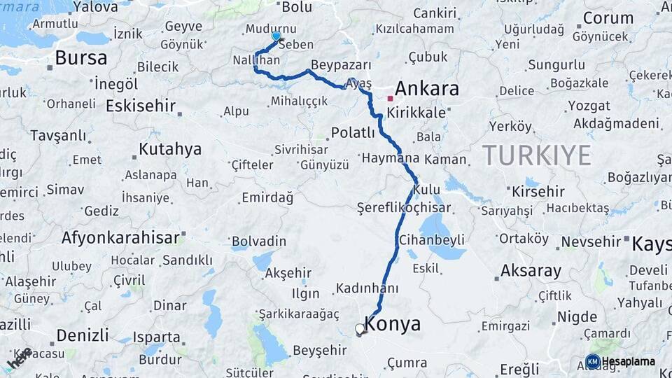 Bolu Seben Konya Arası Kaç Km - Yol Haritası