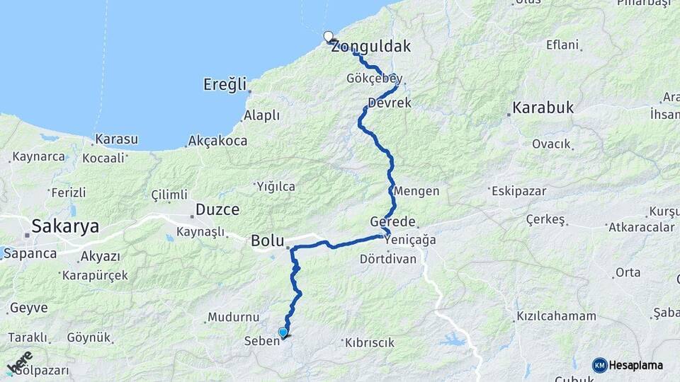 Bolu Seben Zonguldak Arası Kaç Km - Yol Haritası