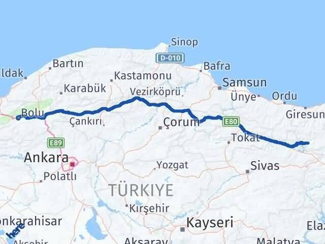 Bolu Şebinkarahisar Giresun Arası Kaç Km - Yol Haritası