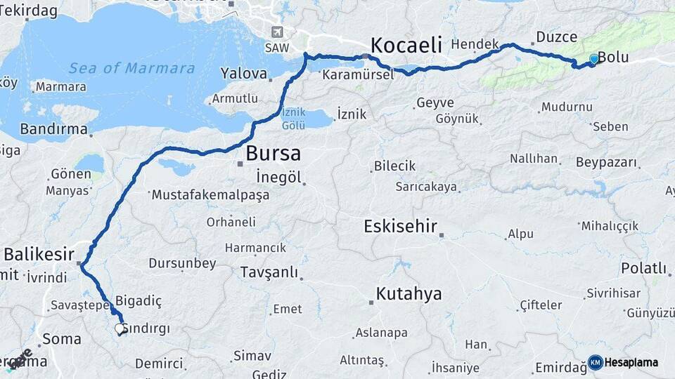 Bolu Sındırgı Balıkesir Arası Kaç Km - Yol Haritası