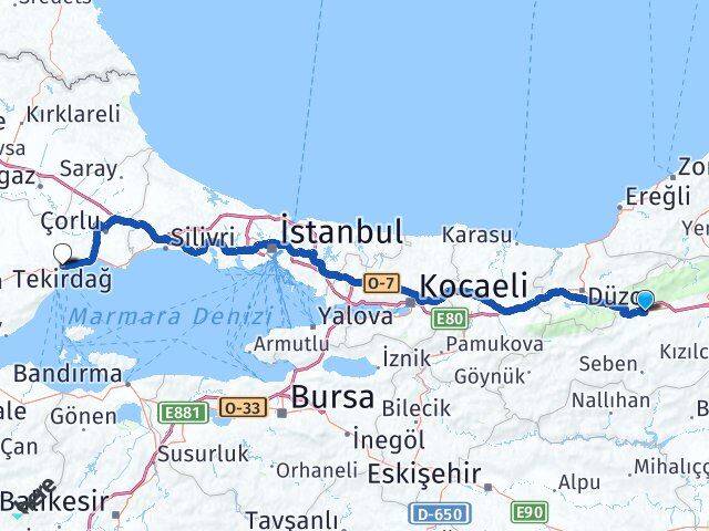 Bolu Süleymanpaşa Tekirdağ Arası Kaç Km - Yol Haritası
