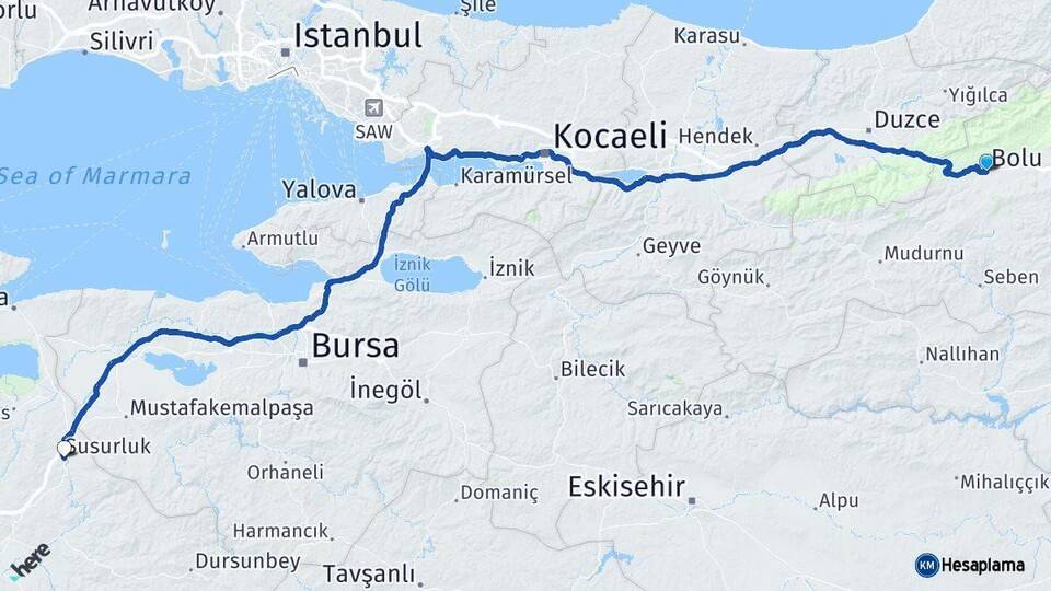 Bolu Susurluk Balıkesir Arası Kaç Km - Yol Haritası