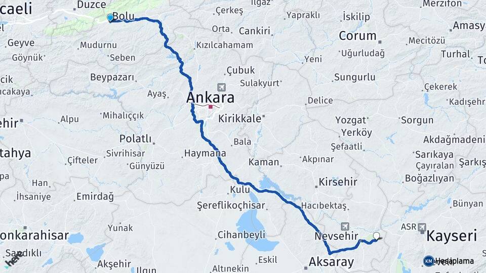 Bolu Ürgüp Nevşehir Arası Kaç Km - Yol Haritası