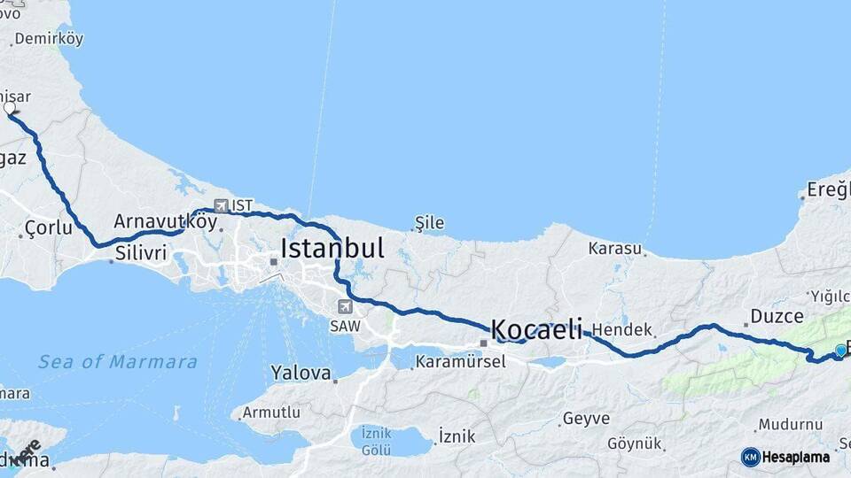 Bolu Vize Kırklareli Arası Kaç Km - Yol Haritası