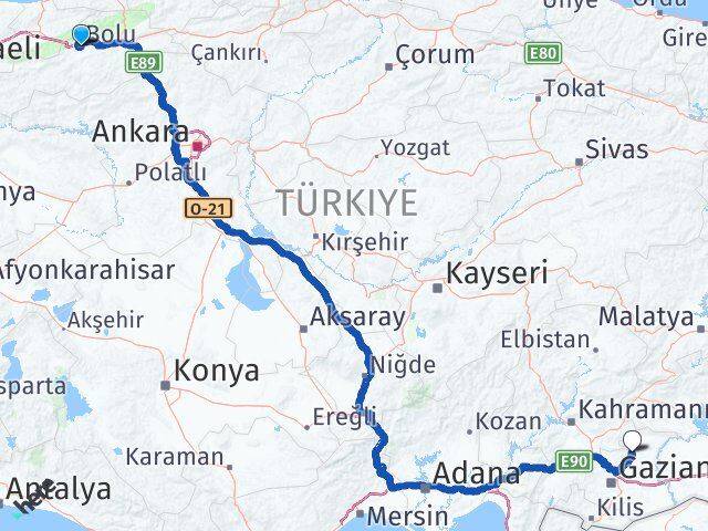 Bolu Yavuzeli Gaziantep Arası Kaç Km - Yol Haritası